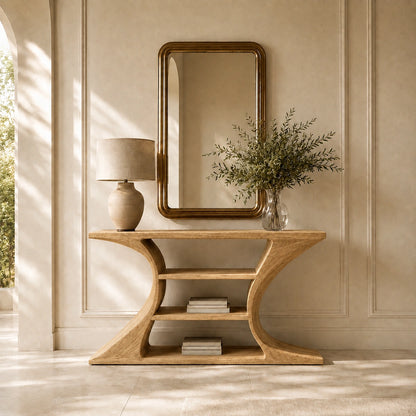 Console Table with Curved Hourglass Base in Natural Solid Wood for - Woodenecho - 8