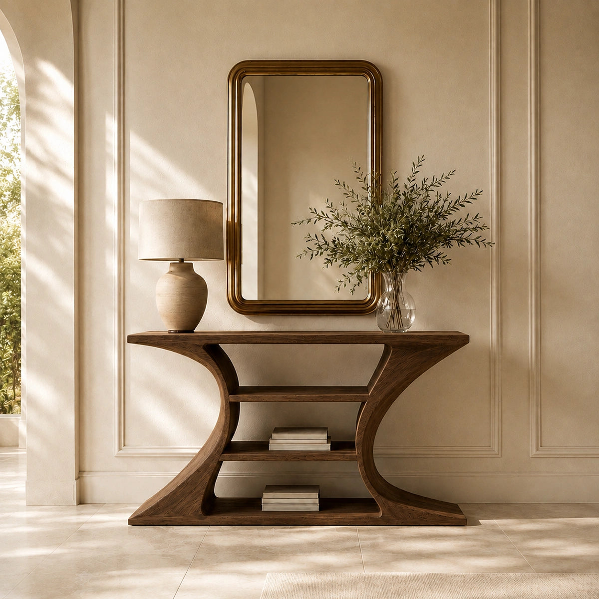 Console Table with Curved Hourglass Base in Natural Solid Wood for - Woodenecho - 9