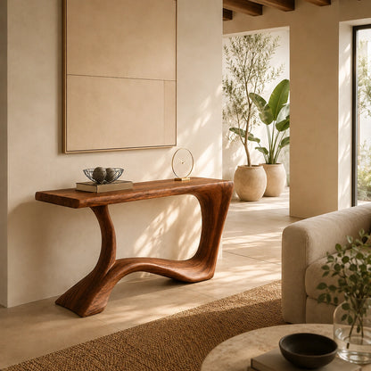 Console Table with Flowing Curved Base in Natural Solid Wood for Entryways - Woodenecho - 1