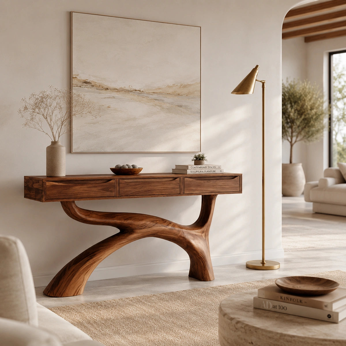 Console Table with Flowing Curved Base in Natural Solid Wood for Entryways - Woodenecho - 1
