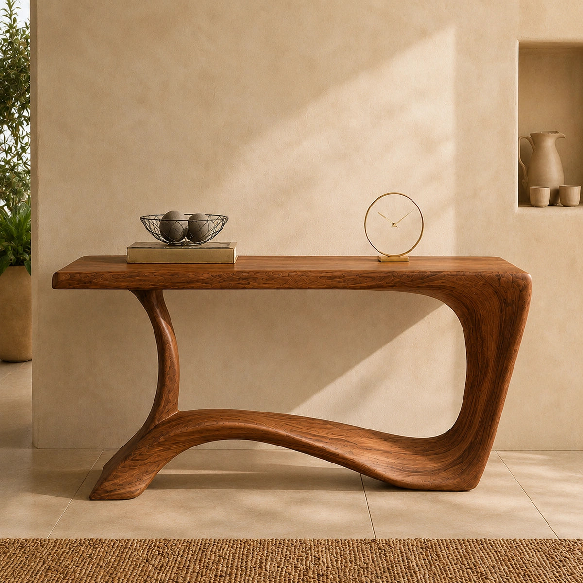 Console Table with Flowing Curved Base in Natural Solid Wood for Entryways - Woodenecho - 2
