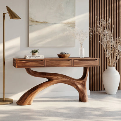 Console Table with Flowing Curved Base in Natural Solid Wood for Entryways - Woodenecho - 2