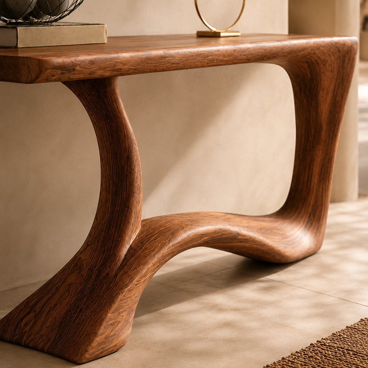 Console Table with Flowing Curved Base in Natural Solid Wood for Entryways - Woodenecho - 3