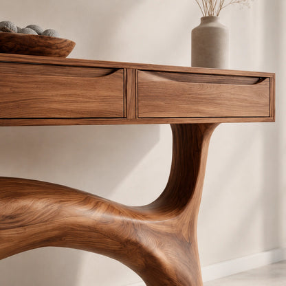 Console Table with Flowing Curved Base in Natural Solid Wood for Entryways - Woodenecho - 3