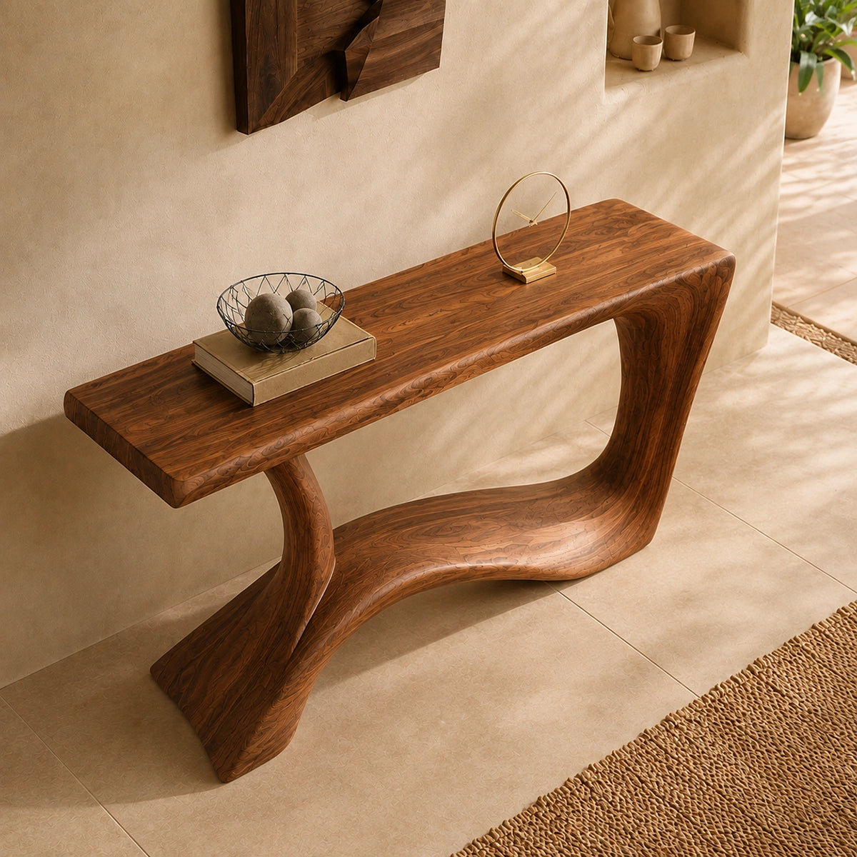 Console Table with Flowing Curved Base in Natural Solid Wood for Entryways - Woodenecho - 4
