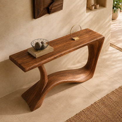 Console Table with Flowing Curved Base in Natural Solid Wood for Entryways - Woodenecho - 4