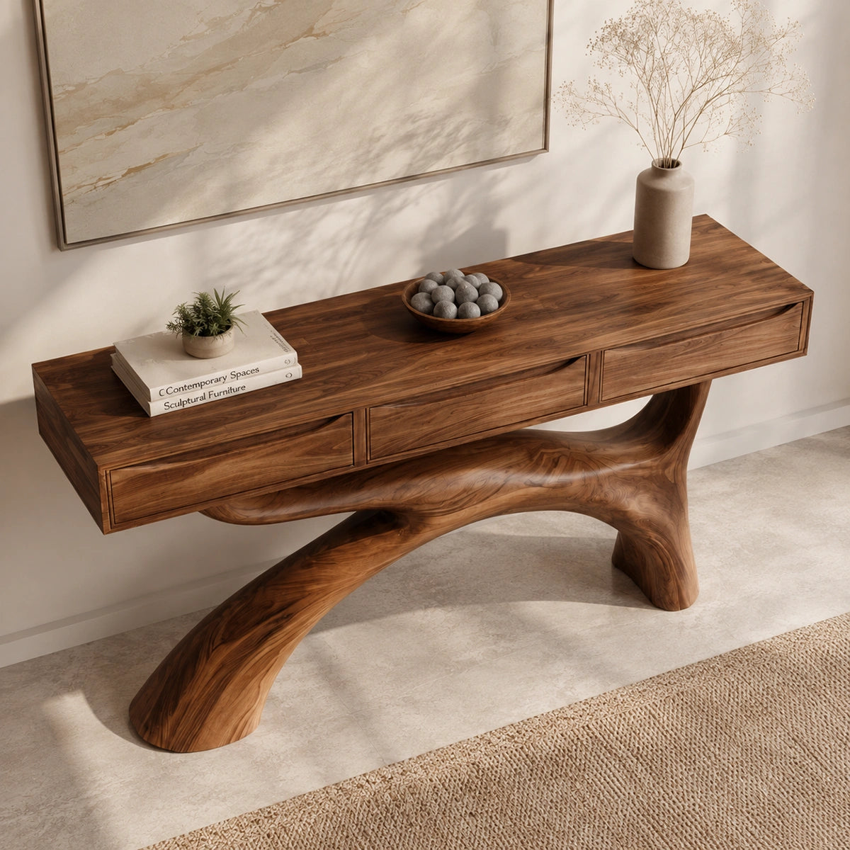 Console Table with Flowing Curved Base in Natural Solid Wood for Entryways - Woodenecho - 4