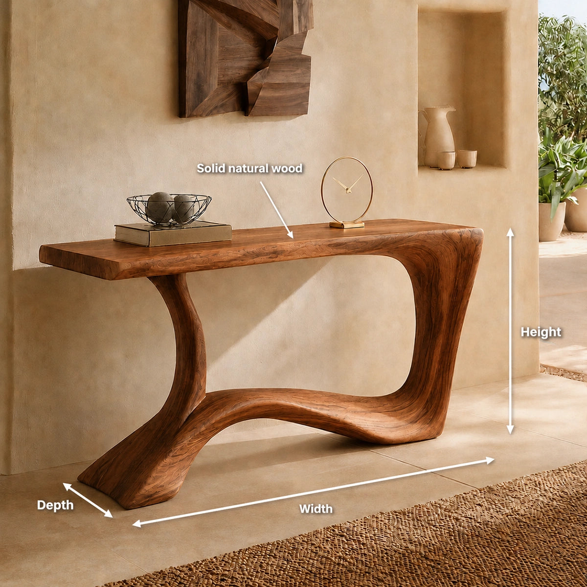Console Table with Flowing Curved Base in Natural Solid Wood for Entryways - Woodenecho - 5