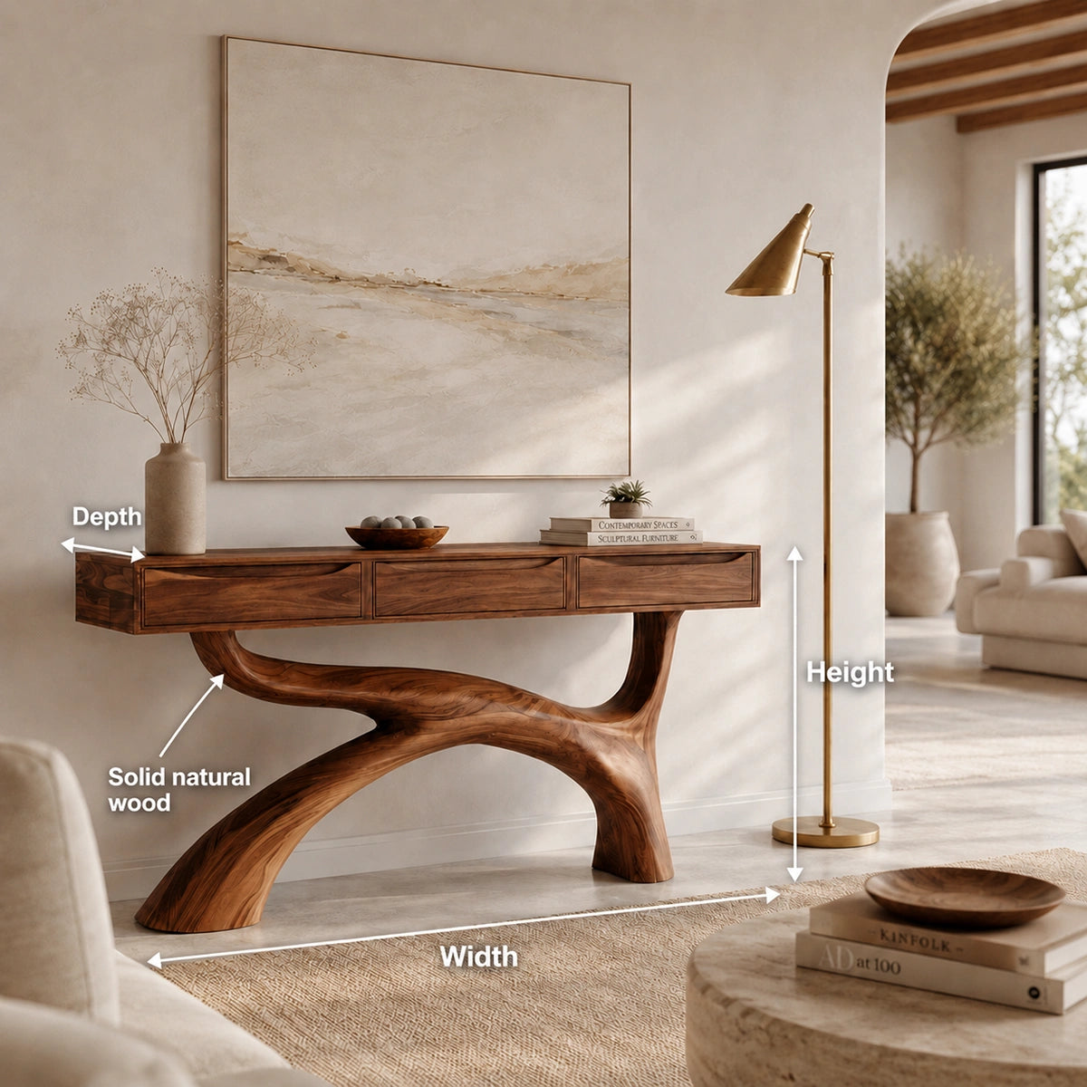 Console Table with Flowing Curved Base in Natural Solid Wood for Entryways - Woodenecho - 5