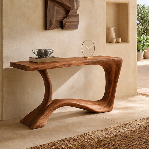 Console Table with Flowing Curved Base in Natural Solid Wood for Entryways - Woodenecho - 6