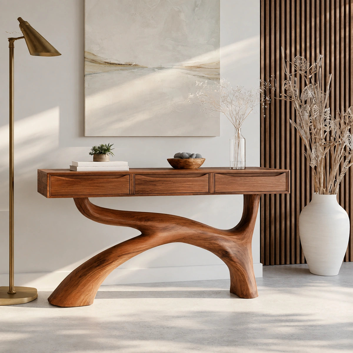 Console Table with Flowing Curved Base in Natural Solid Wood for Entryways - Woodenecho - 6