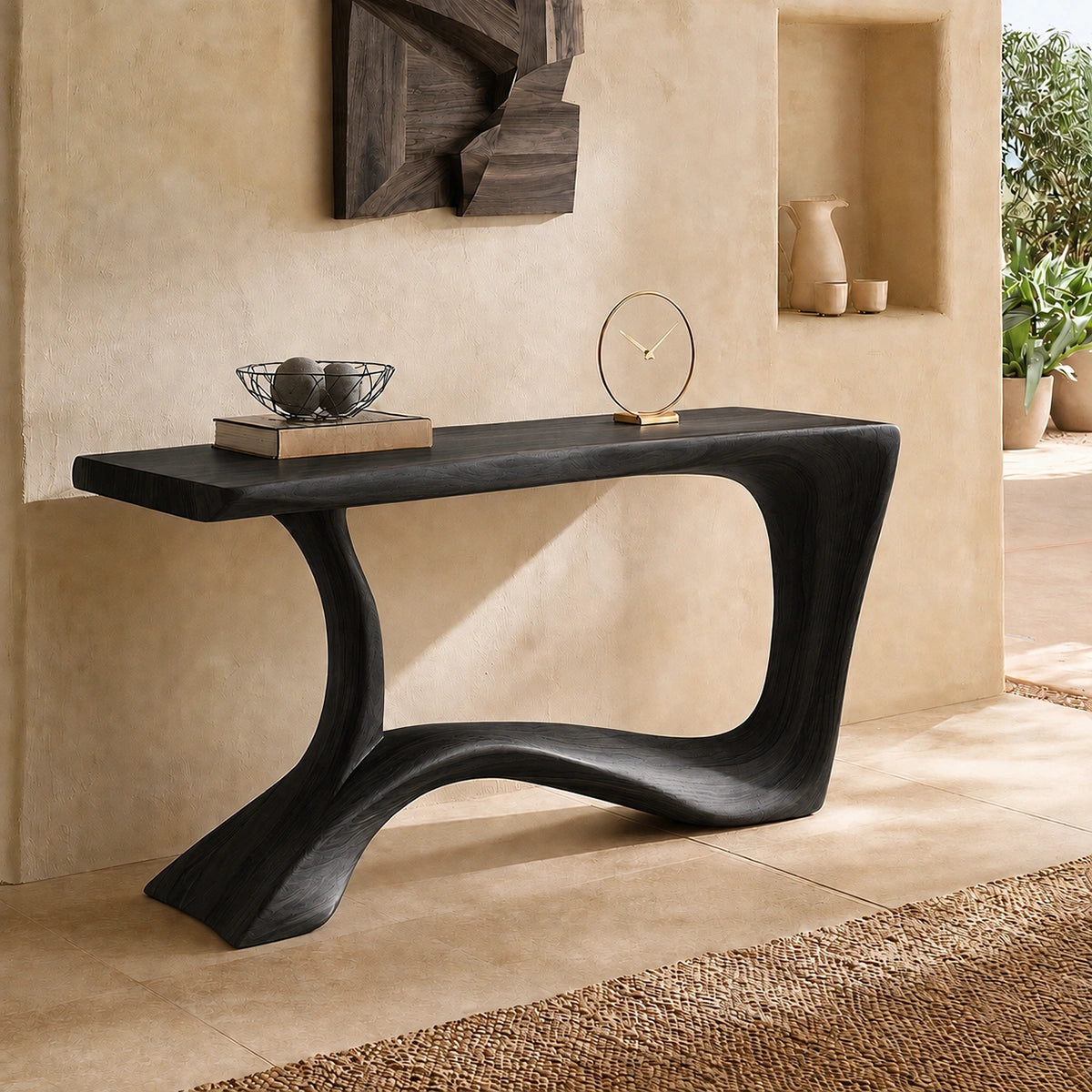 Console Table with Flowing Curved Base in Natural Solid Wood for Entryways - Woodenecho - 7