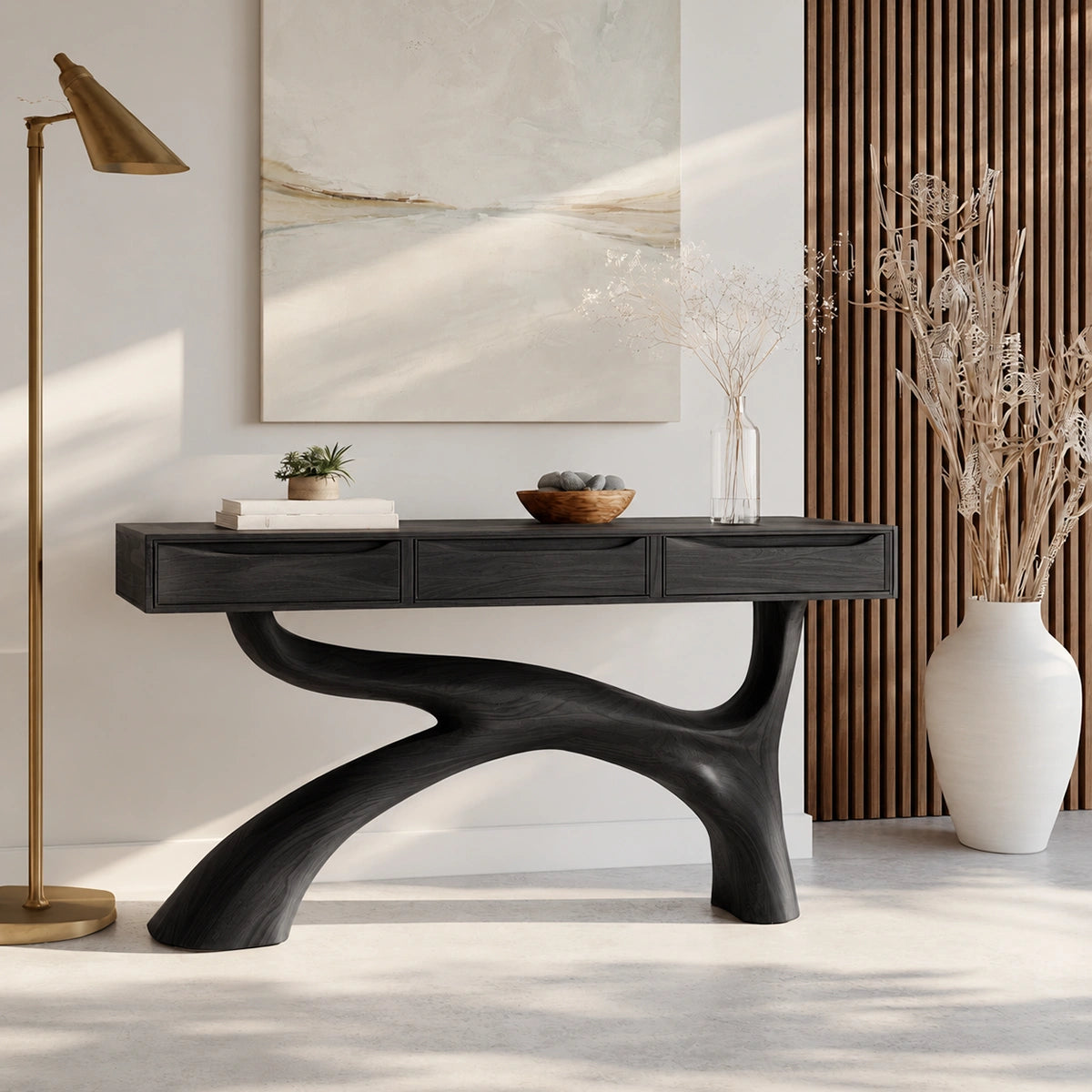 Console Table with Flowing Curved Base in Natural Solid Wood for Entryways - Woodenecho - 7