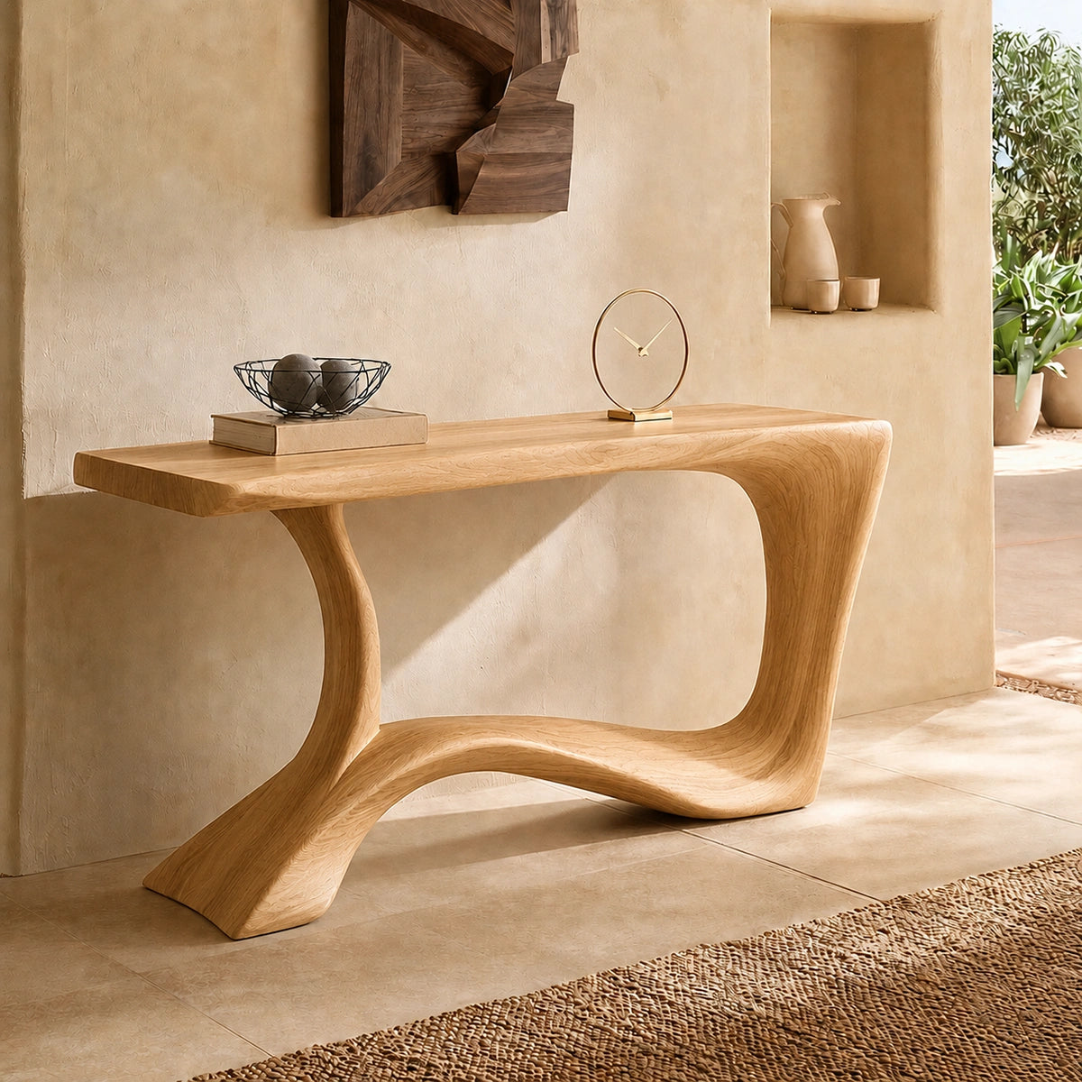 Console Table with Flowing Curved Base in Natural Solid Wood for Entryways - Woodenecho - 8