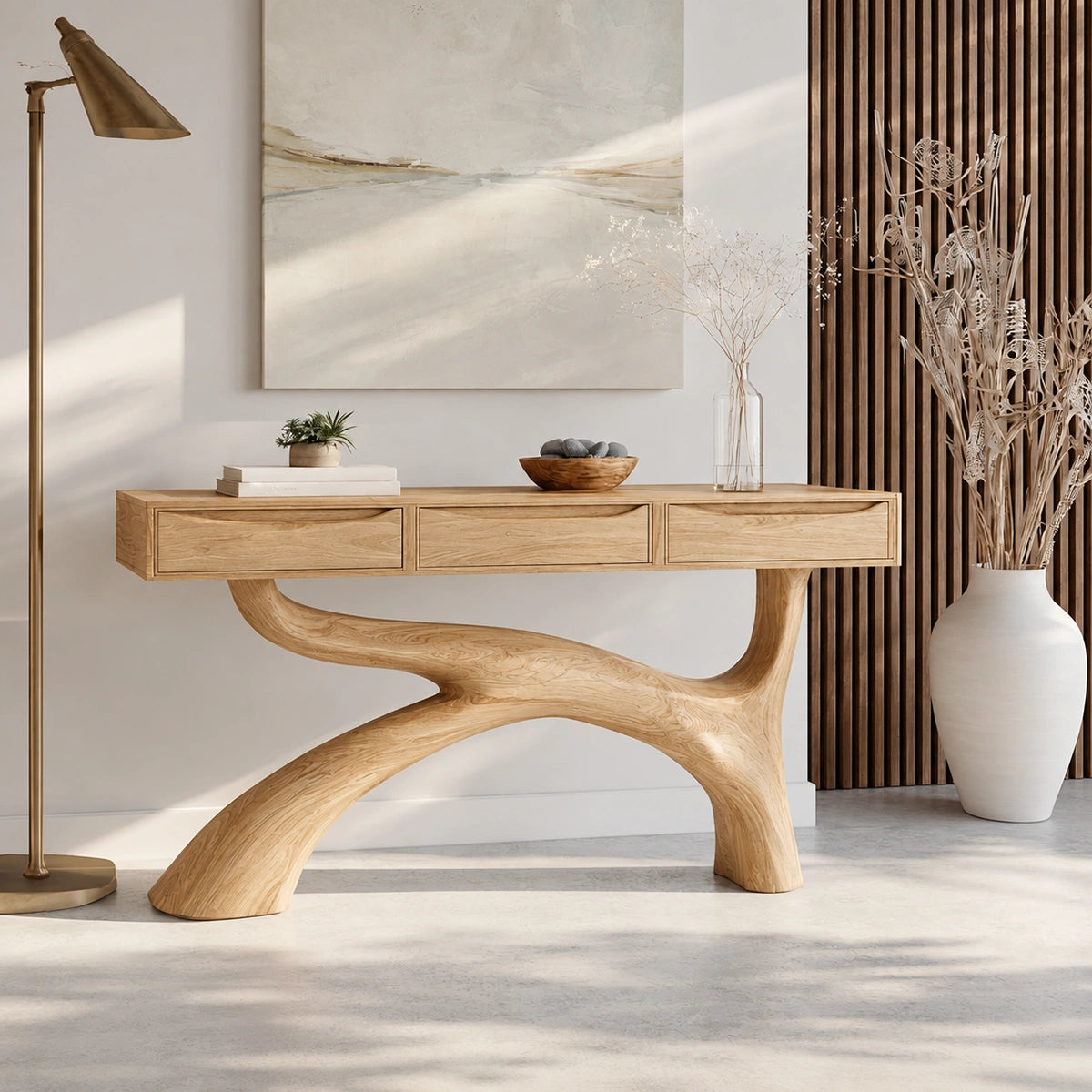 Console Table with Flowing Curved Base in Natural Solid Wood for Entryways - Woodenecho - 8