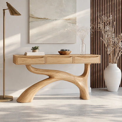 Console Table with Flowing Curved Base in Natural Solid Wood for Entryways - Woodenecho - 8