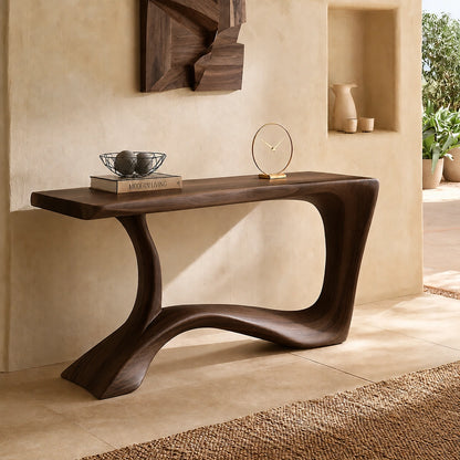Console Table with Flowing Curved Base in Natural Solid Wood for Entryways - Woodenecho - 9