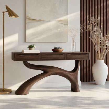 Console Table with Flowing Curved Base in Natural Solid Wood for Entryways - Woodenecho - 9