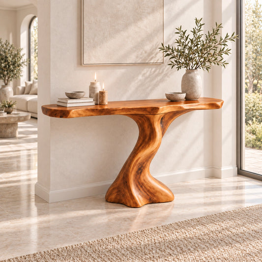 Console Table with Flowing Sculptural Base in Natural Solid Woods - Woodenecho - 1