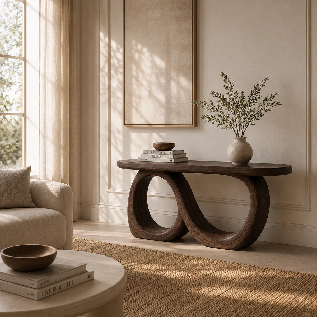 Console Table with Infinity Loop Base in Natural Solid Wood for Entryways - Woodenecho - 1