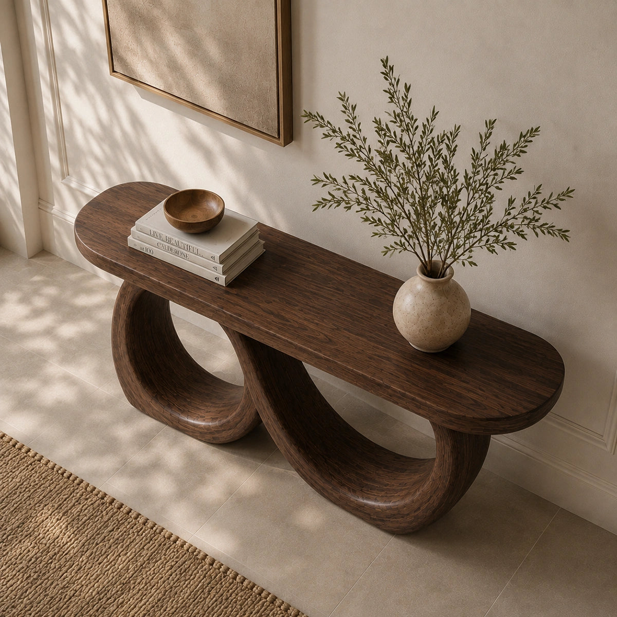 Console Table with Infinity Loop Base in Natural Solid Wood for Entryways - Woodenecho - 4