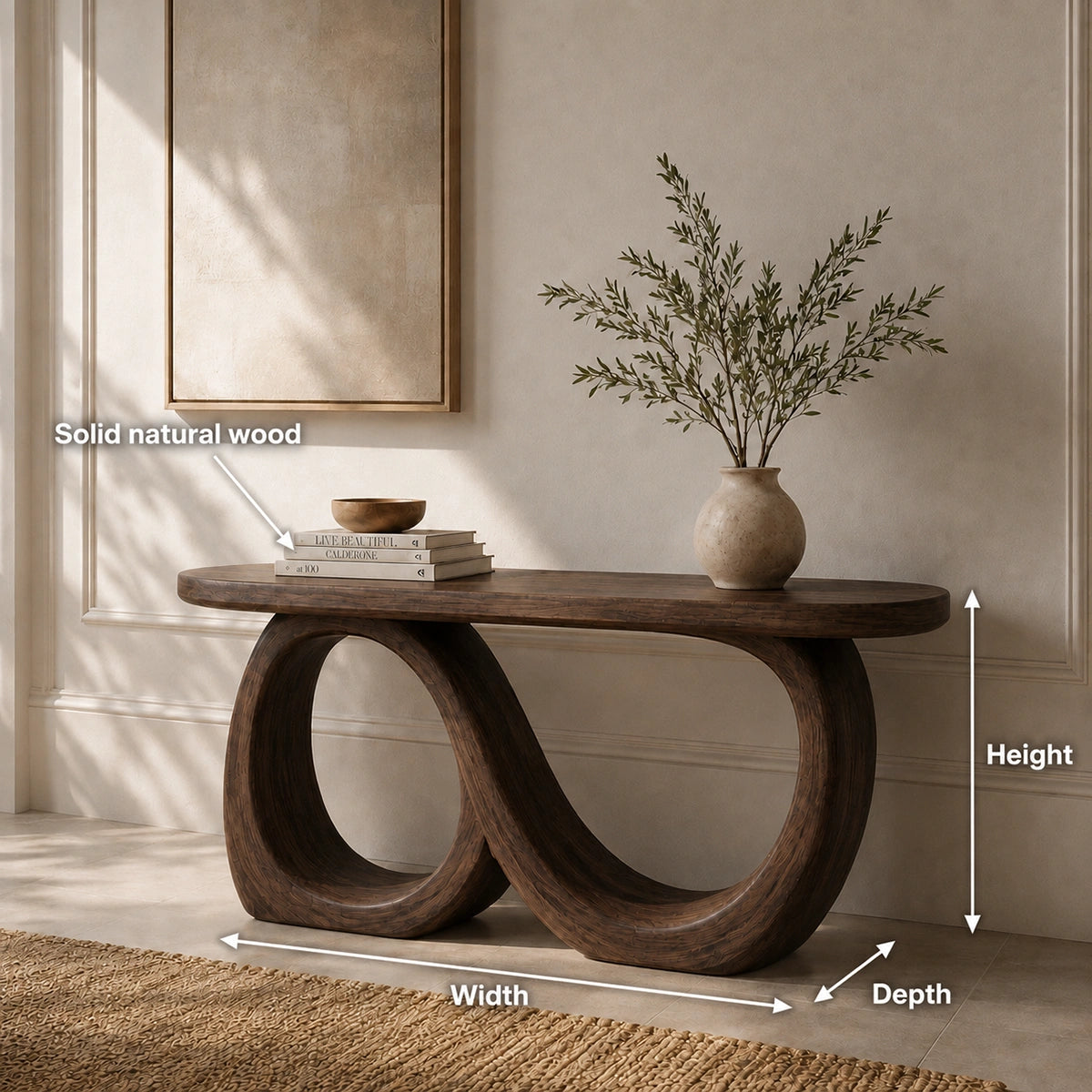 Console Table with Infinity Loop Base in Natural Solid Wood for Entryways - Woodenecho - 5