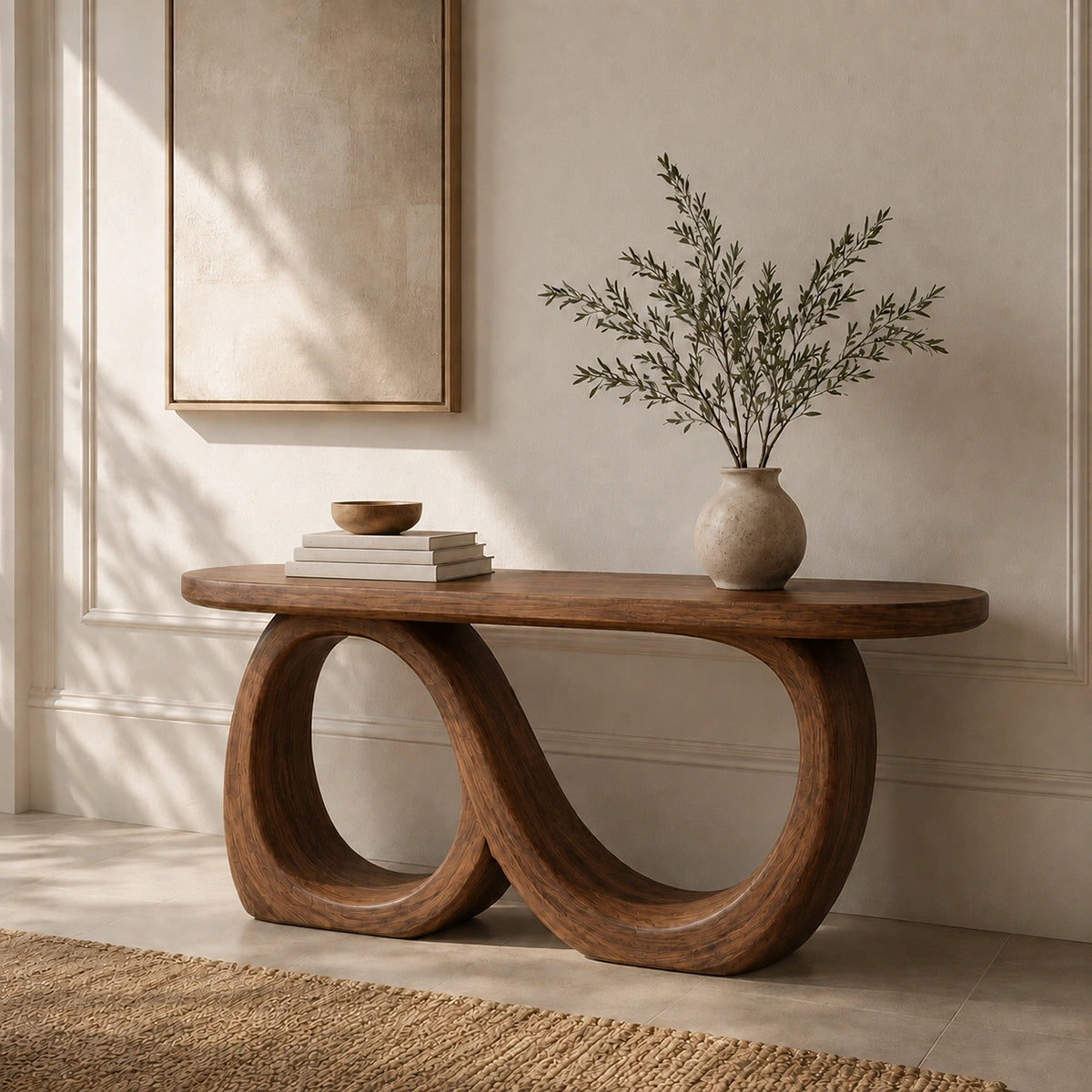 Console Table with Infinity Loop Base in Natural Solid Wood for Entryways - Woodenecho - 7