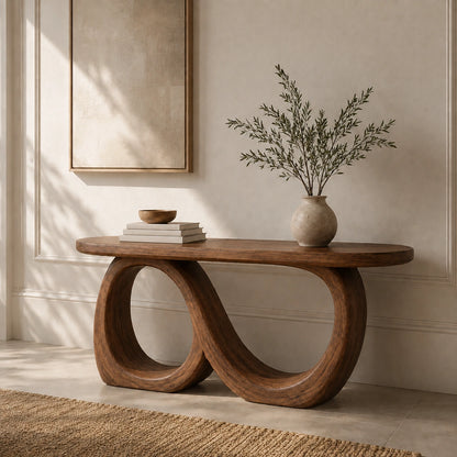 Console Table with Infinity Loop Base in Natural Solid Wood for Entryways - Woodenecho - 7