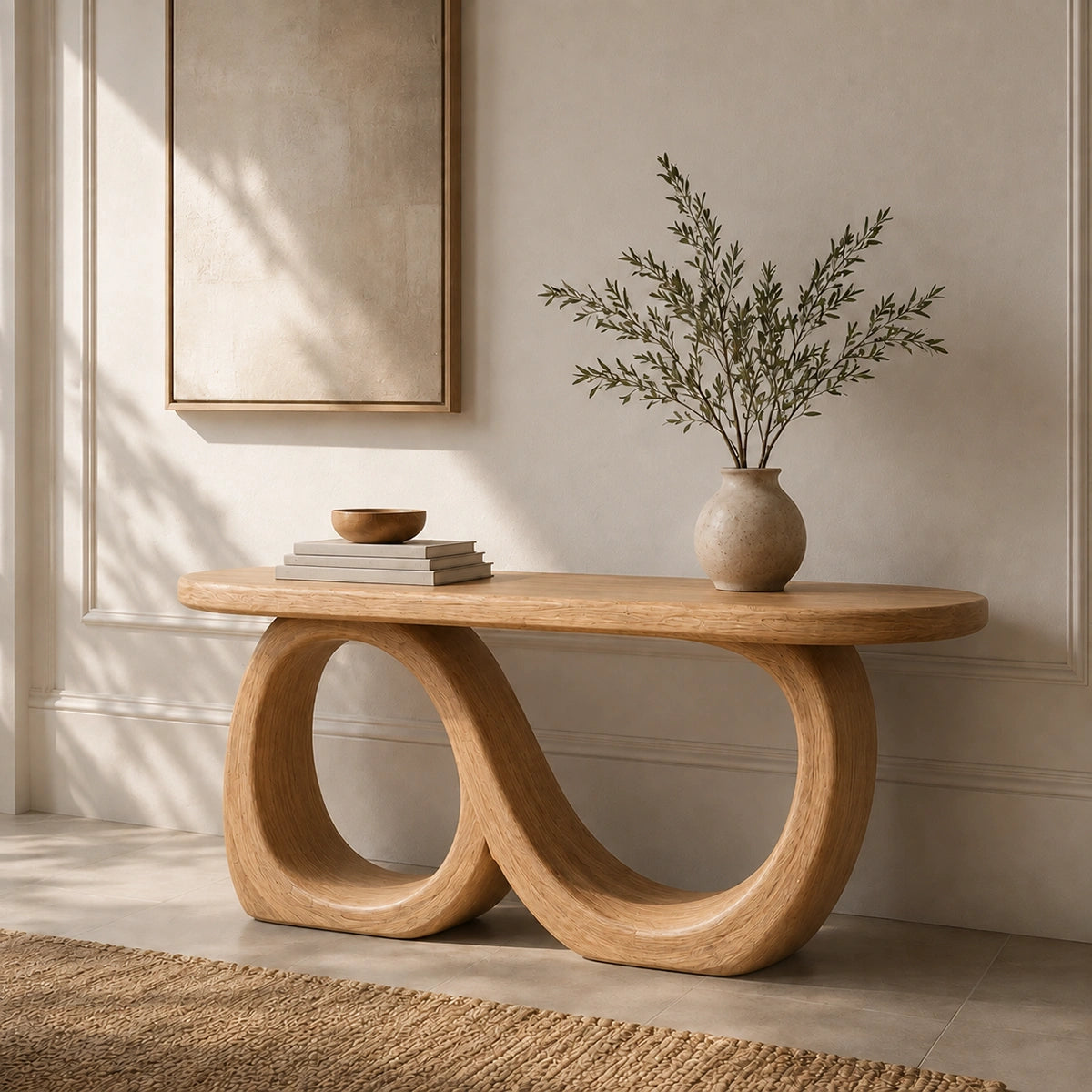 Console Table with Infinity Loop Base in Natural Solid Wood for Entryways - Woodenecho - 8