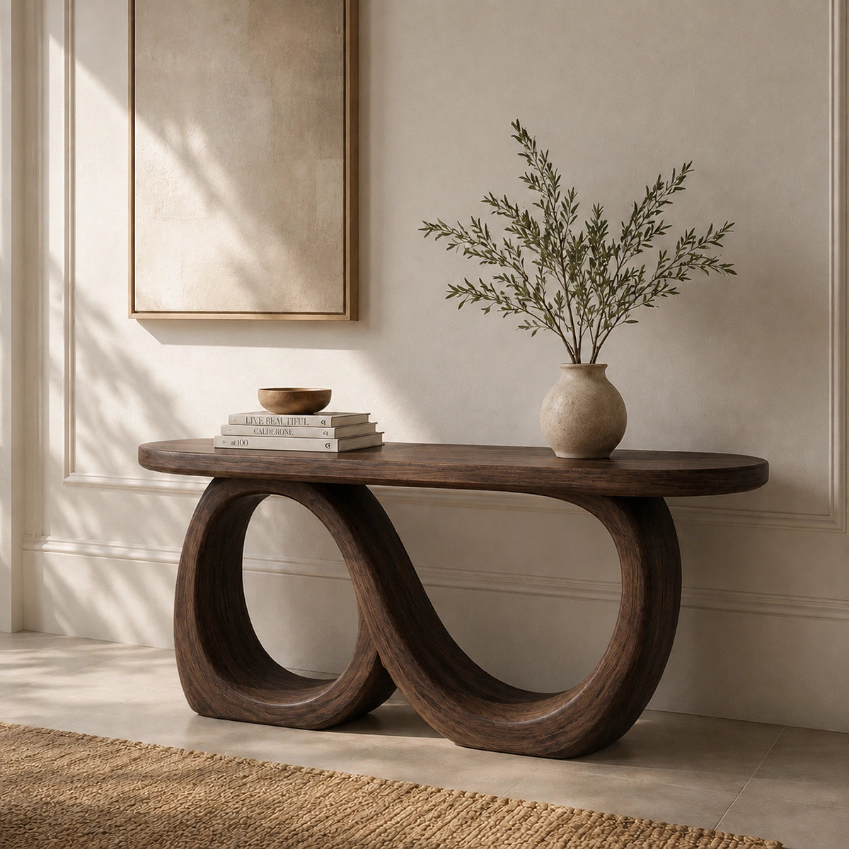 Console Table with Infinity Loop Base in Natural Solid Wood for Entryways - Woodenecho - 9