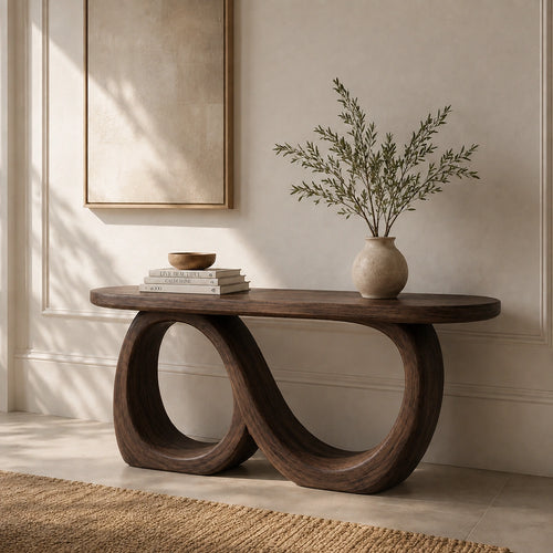 Console Table with Infinity Loop Base in Natural Solid Wood for Entryways - Woodenecho - 9