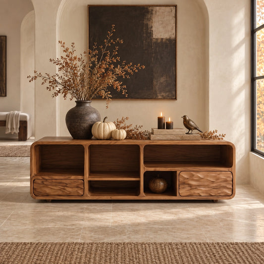 Console Table with Rounded Compartments in Natural Solid Wood for Entryways - Woodenecho - 1
