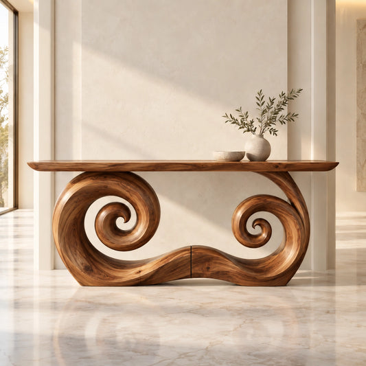 Console Table with Scrolled Natural Solid Wood Base for Entryways - Woodenecho - 1