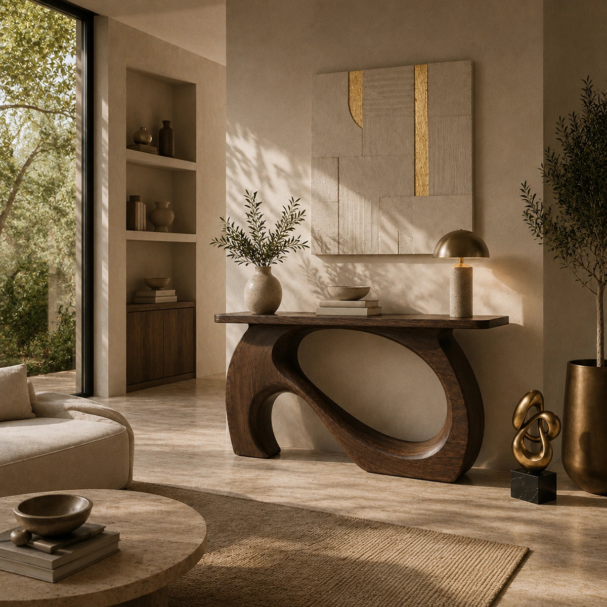 Console Table with Sculptural Biomorphic Base in Natural Solid Wood - Woodenecho - 1
