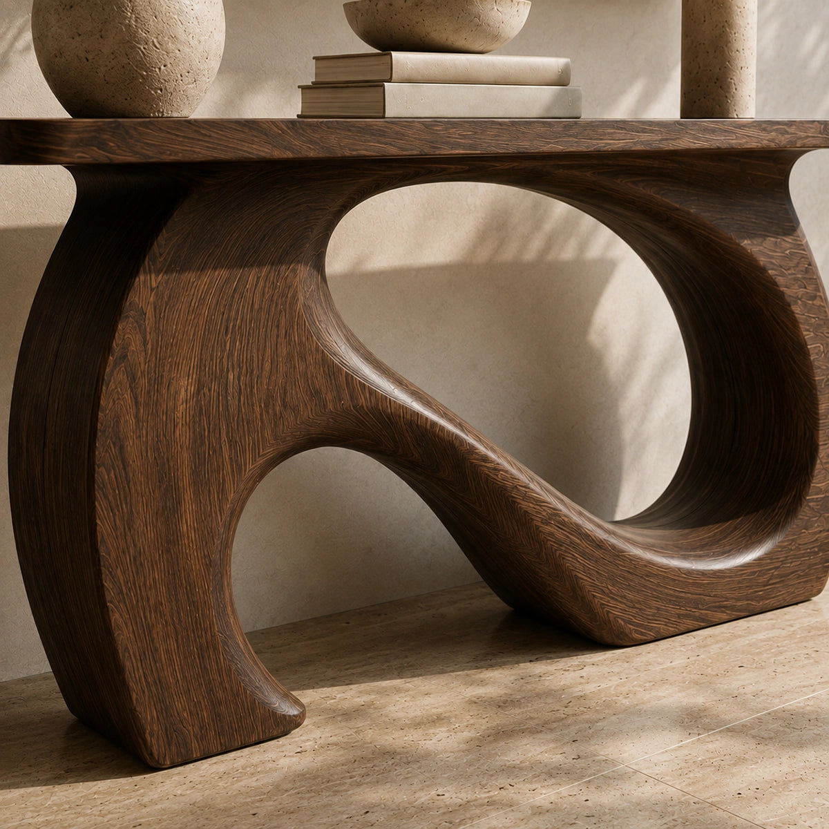 Console Table with Sculptural Biomorphic Base in Natural Solid Wood - Woodenecho - 2