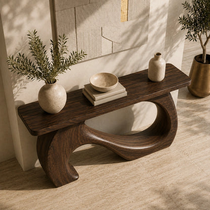 Console Table with Sculptural Biomorphic Base in Natural Solid Wood - Woodenecho - 3