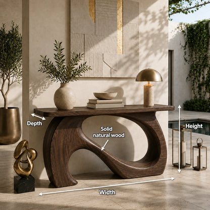 Console Table with Sculptural Biomorphic Base in Natural Solid Wood - Woodenecho - 4