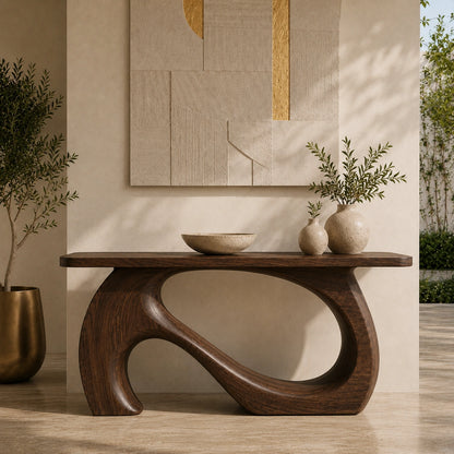 Console Table with Sculptural Biomorphic Base in Natural Solid Wood - Woodenecho - 5