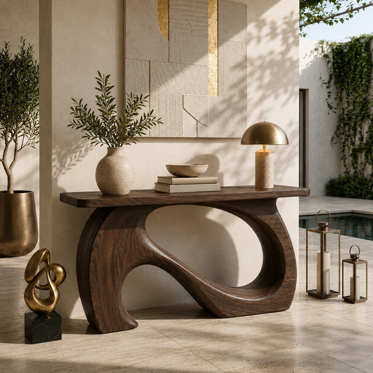 Console Table with Sculptural Biomorphic Base in Natural Solid Wood - Woodenecho - 6