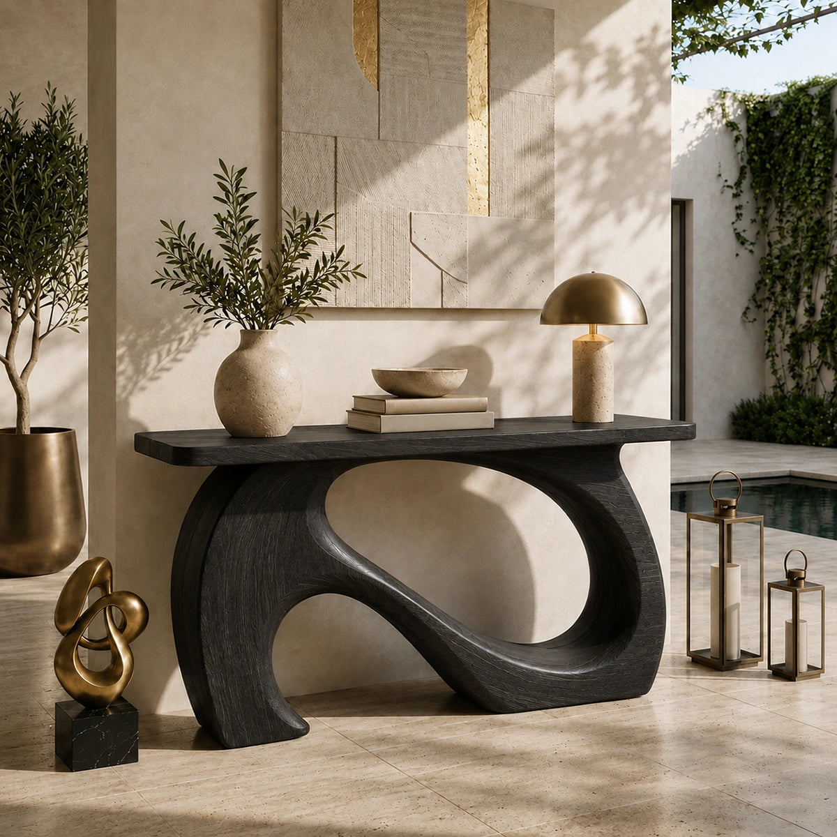 Console Table with Sculptural Biomorphic Base in Natural Solid Wood - Woodenecho - 7