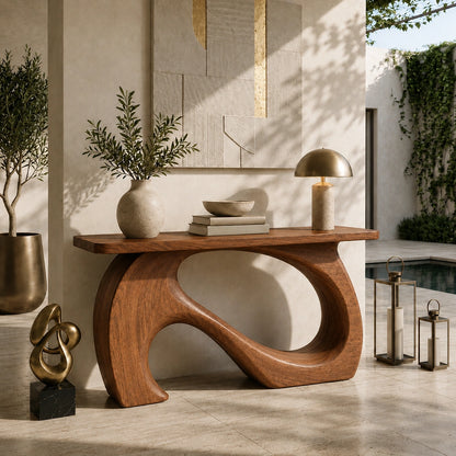 Console Table with Sculptural Biomorphic Base in Natural Solid Wood - Woodenecho - 8