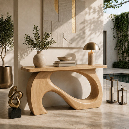 Console Table with Sculptural Biomorphic Base in Natural Solid Wood - Woodenecho - 9