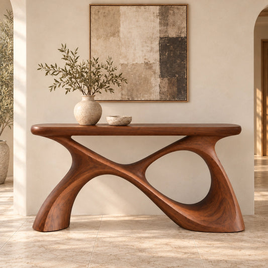 Console Table with Sculptural Curved Base in Natural Solid Wood's - Woodenecho - 1