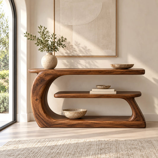 Console Table with Sculptural Curved Base in Natural Solid Wood. - Woodenecho - 1