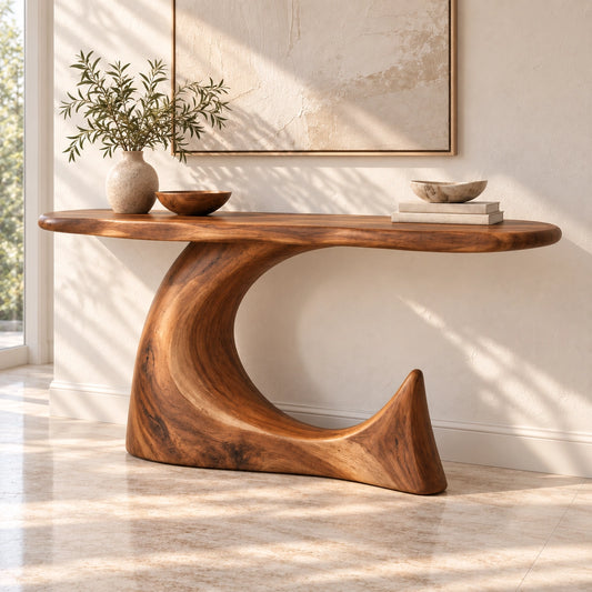 Console Table with Sculptural Curved Base in Natural Solid Woods - Woodenecho - 1