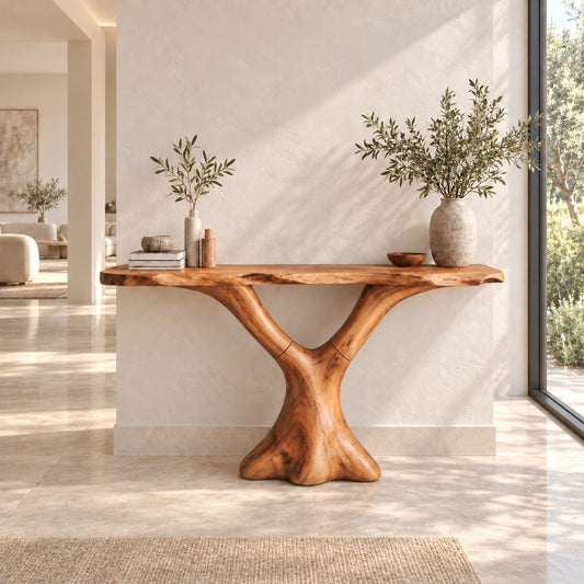 Console Table with Sculptural Curved Natural Solid Wood Base Design - Woodenecho - 1