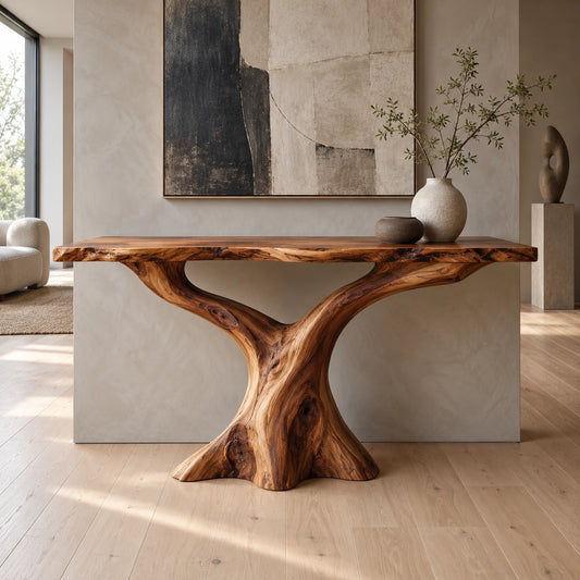 Console Table with Sculptural Curved Wood Base in Natural Solid Wood - Woodenecho - 1