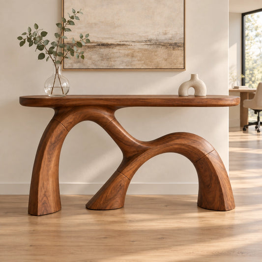 Console Table with Sculptural Curved Wooden Base in Natural Solid Wood - Woodenecho - 1