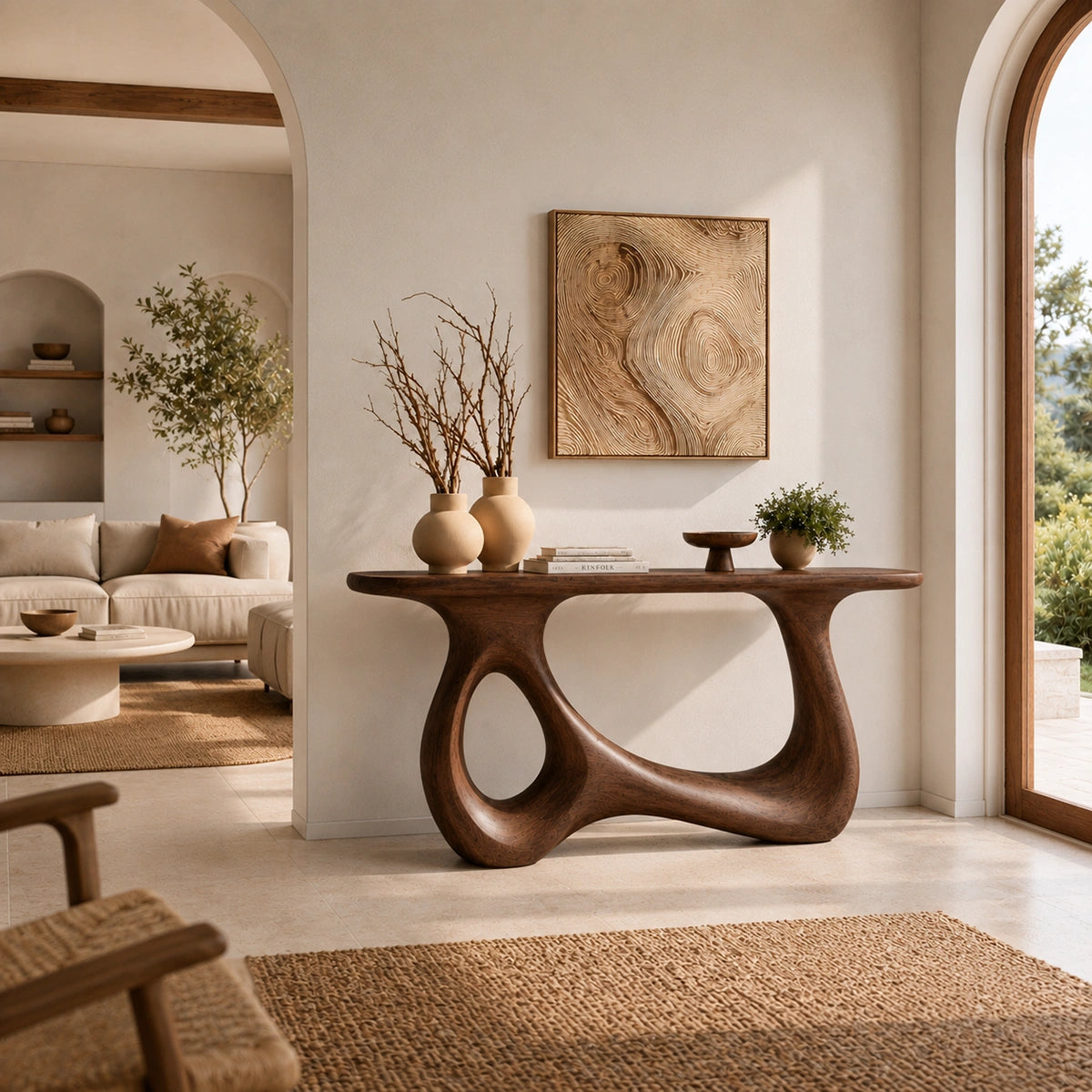 Console Table with Sculptural Loop Base in Natural Solid Wood for Entryways - Woodenecho - 1