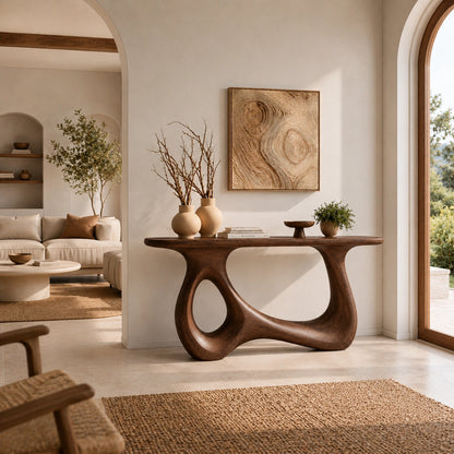 Console Table with Sculptural Loop Base in Natural Solid Wood for Entryways - Woodenecho - 1